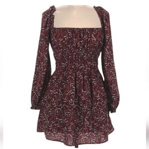 Reset By Jane Square Neckline Floral Burgundy Mini Long sleeve Dress La…